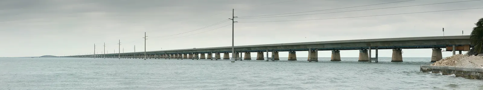 Very wide panorama of the Seven Mile Bridge: a long, flat concrete span on paired piers runs from the rocky shore and a palm at the right edge to a far, faint rising hump near the left horizon. A line of tall utility poles with wires stands in the water alongside it. The water is choppy and grey-green under an overcast grey sky.